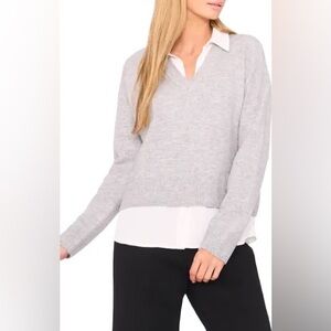 Halogen Layered Look Sweater Gray White V Neck Size Medium Knit Top